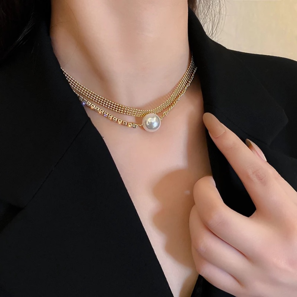 New 18k gold plated  Multi Layer Gold Diamond Pearl Necklace For women
